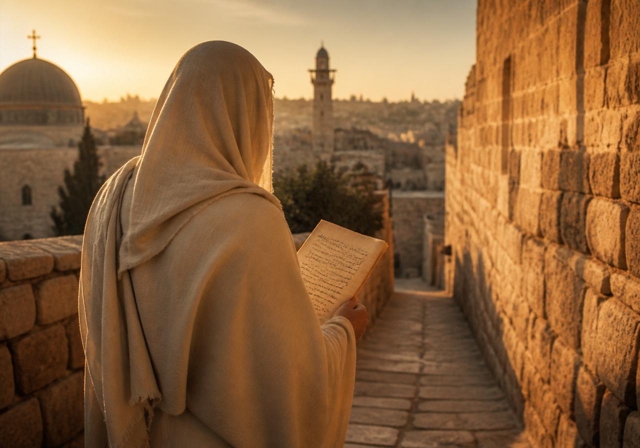 A representative carrying a handwritten prayer through the ancient streets of Jerusalem at dawn