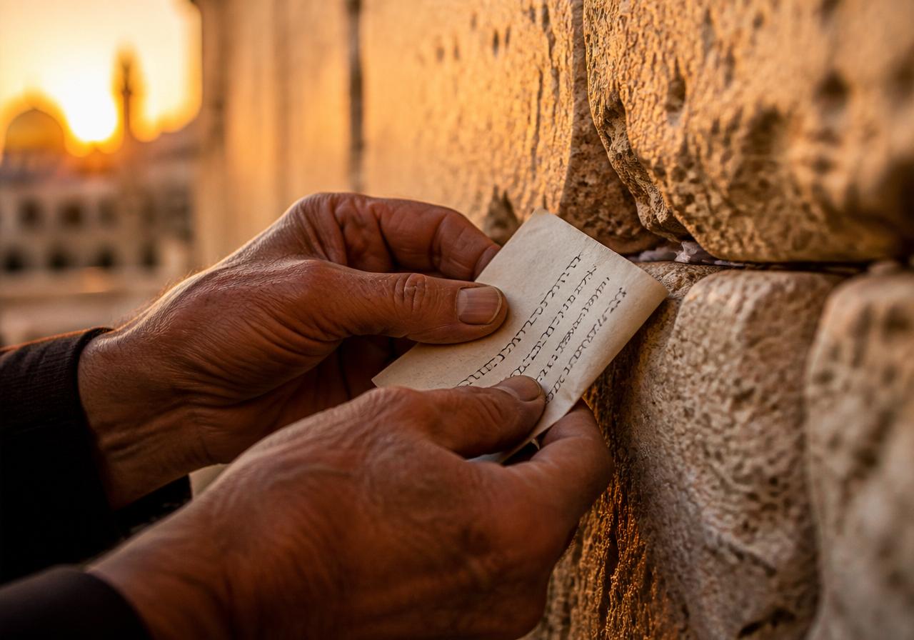 Weathered hands placing a folded parchment prayer within the cracks of an ancient Jerusalem stone wall